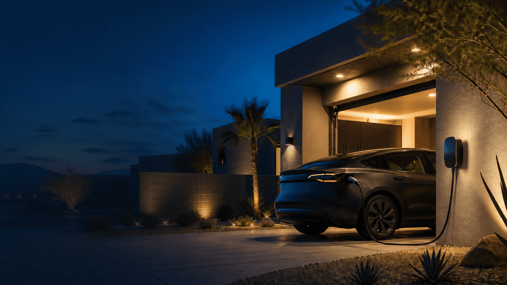 EV charger installed in a Henderson, NV home garage at dusk