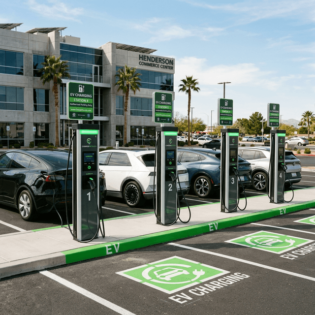 Commercial EV charging stations installed in a parking lot