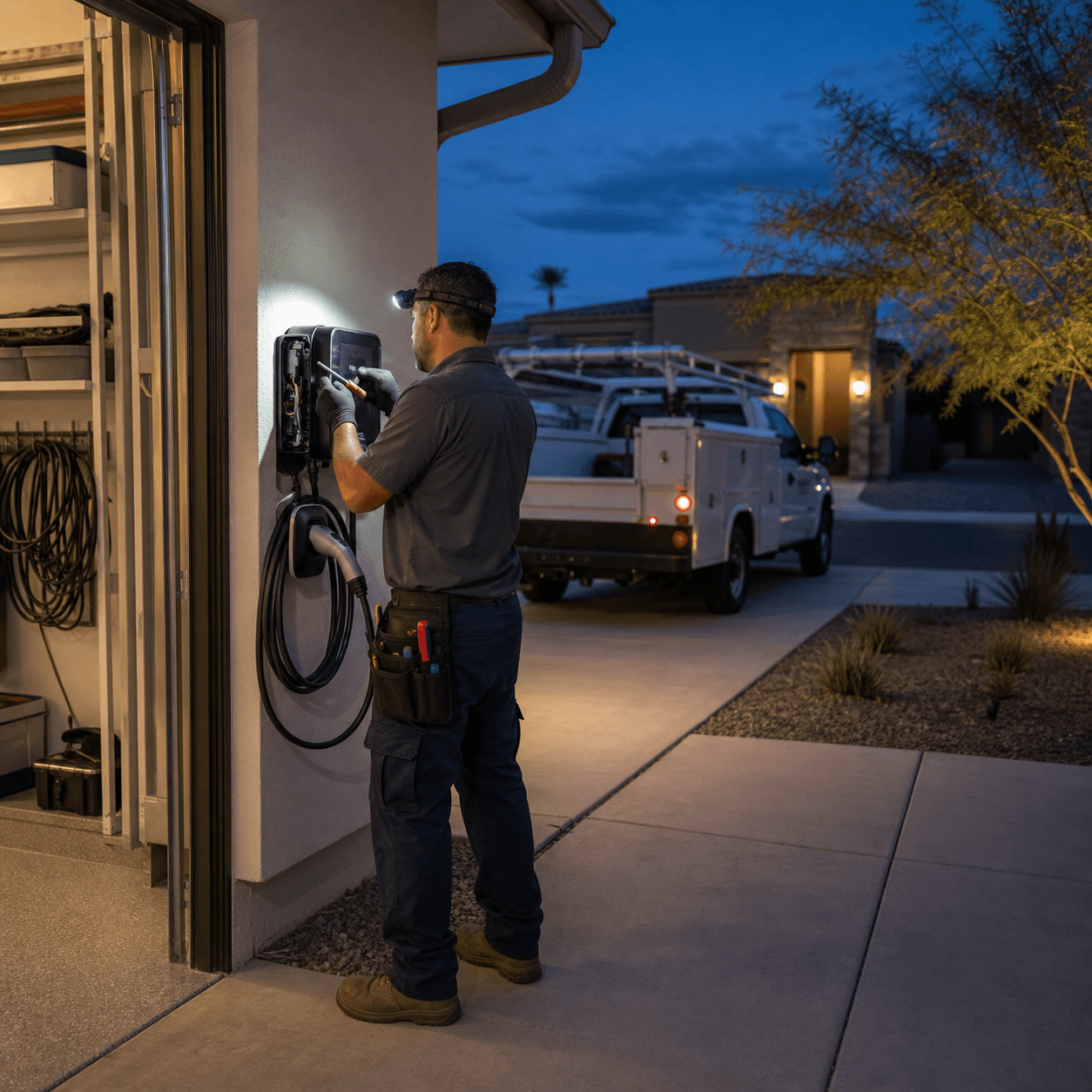 Electrician responding to an emergency EV charger repair call at night in Las Vegas, Henderson NV