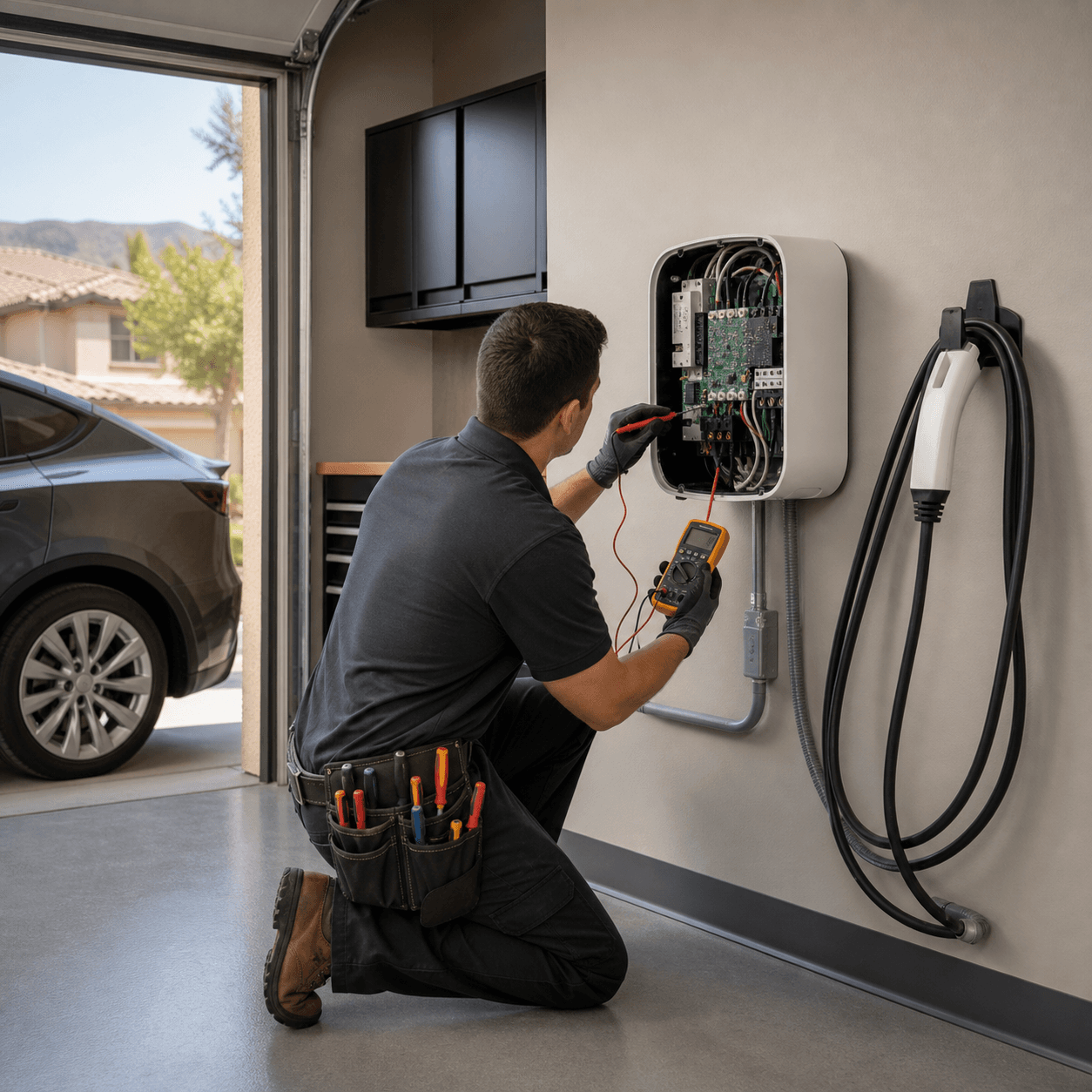 Electrician diagnosing and repairing a home EV charger in Las Vegas, Henderson NV