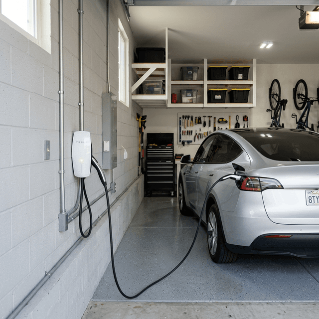Tesla Wall Connector mounted and charging a Tesla in a home garage