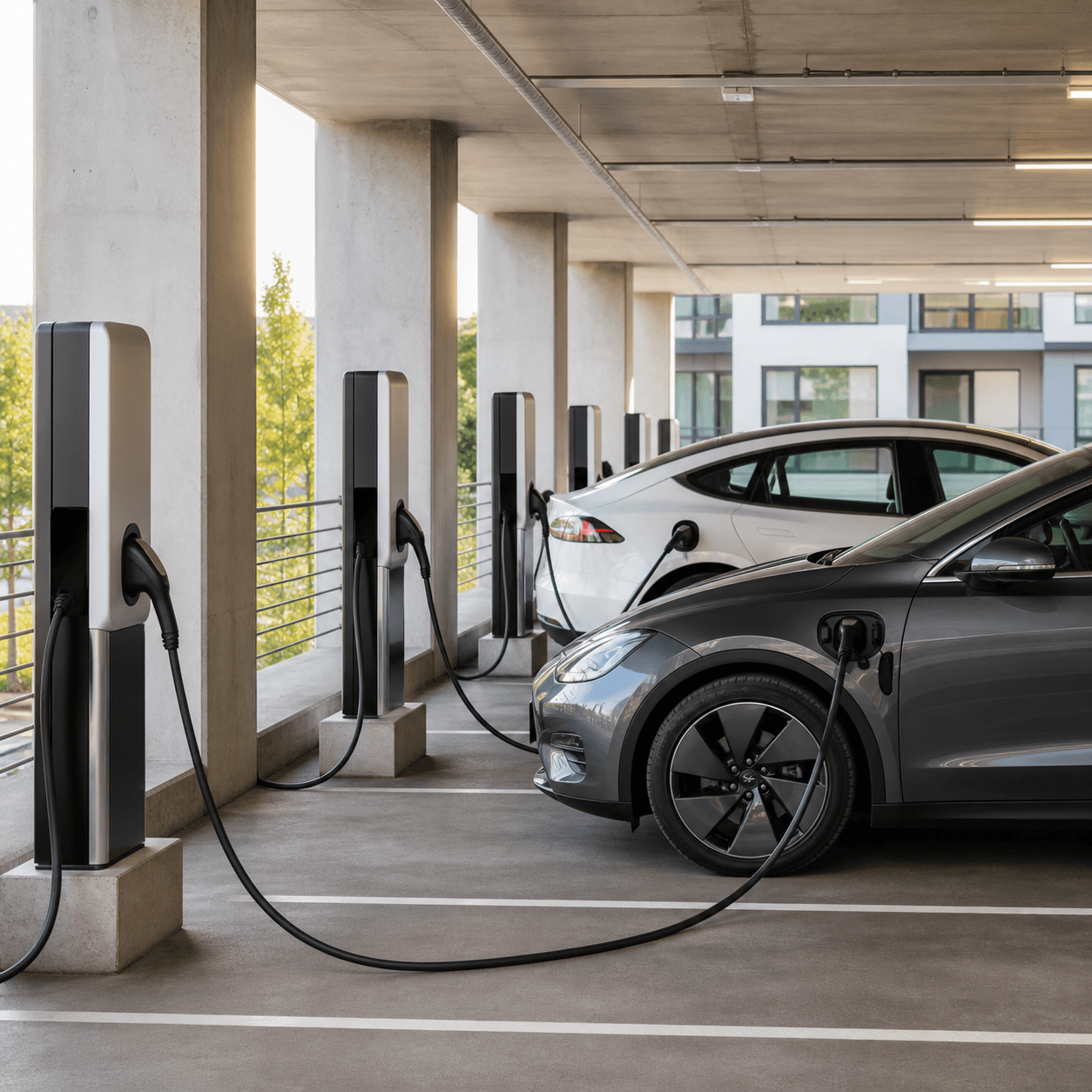 EV charging stations installed in an apartment complex parking garage in Las Vegas, Henderson NV