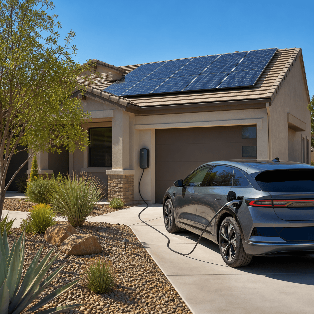 Home with rooftop solar panels and an EV charging in the driveway in Las Vegas, Henderson NV